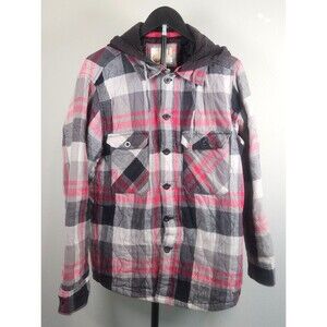 OP Men's Hooded Plaid Quilted Jacket‎ LG Black Gray Red Flannel Shacket Coat